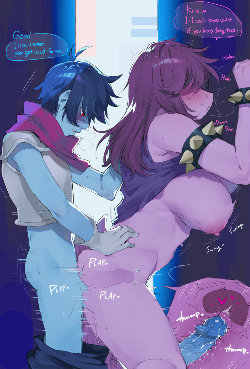 1boy 1girls against_wall ahoge alley anthro anthro_penetrated armband assertive_male athletic_female big_breasts blue-skinned_male blue_body blue_hair blue_skin blush bodily_fluids bottomless bottomwear bottomwear_down bracelet breasts cervix clothed clothing cute deltarune dialogue duo english english_text female female_penetrated gloves hair hair_over_eyes handwear heart heavy_breathing hi_res human human_on_anthro human_penetrating human_penetrating_anthro humanoid internal internal_vaginal interspecies jewelry kris_(deltarune) larger_anthro larger_female light-skinned_male lizard_girl male male/female male_on_anthro male_penetrating male_penetrating_female mammal nipples pants pants_down partially_clothed penetration penile penile_penetration penis_in_pussy pink-skinned_female pink_body pink_scarf plap plate_armor purple_hair red_eyes reptile scalie scarf sex shirt side_boob side_view size_difference small_dom_big_sub smaller_human smaller_male spiked_armband spiked_bracelet spikes ss_komu standing_sex straight straight_sex susie_(deltarune) sweat taken_from_behind tank_top text topwear undertale_(series) uterus vaginal_penetration white_gloves