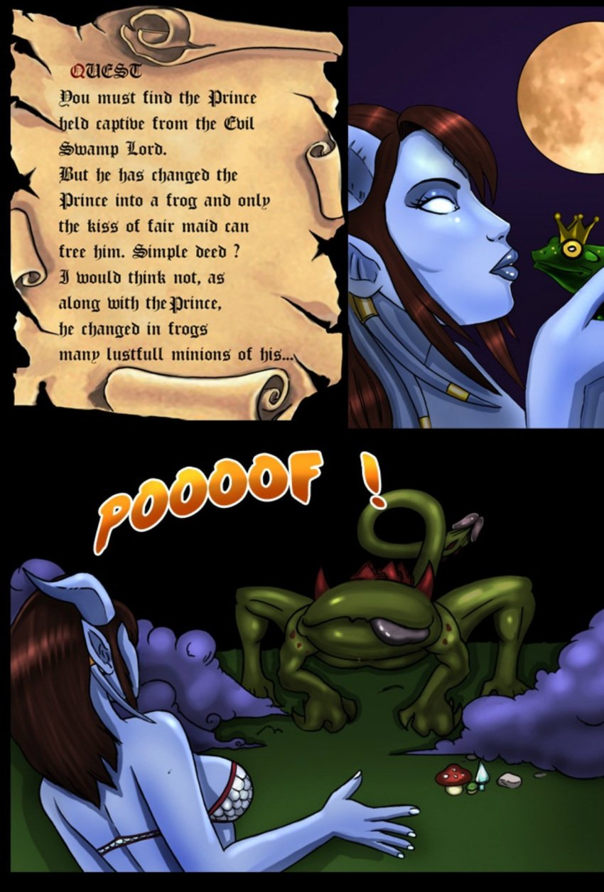 1girls 2013 blizzard_entertainment blue_skin brown_hair comic comic_page draenei frog junny_(shina) original_character shina skimpy skimpy_clothes warcraft world_of_warcraft