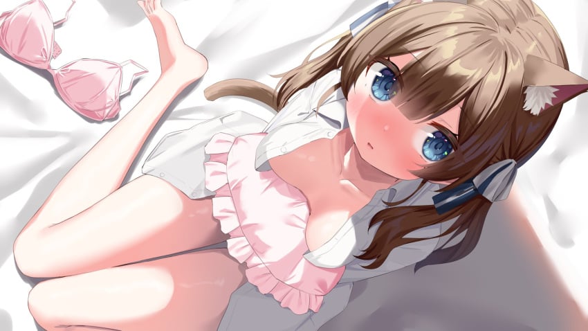 1girls animal_ears artist_request blue_hair blush bra brown_hair cat_ears cat_tail catgirl eyebrows_visible_through_hair female female_only indie_virtual_youtuber itigori_ena light-skinned_female light_skin nose_blush on_bed pink_bra removed_bra solo tail virtual_youtuber