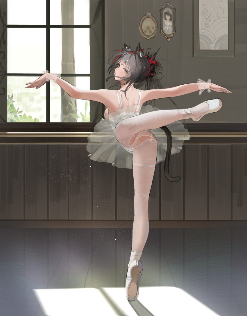 1girls animal_ears arknights ballerina ballerina_position ballerina_shoes ballet_dress ballet_slippers blush dancing dress eyelashes female female_only grey_hair highres indoors leg_lift legs legwear light-skinned_female looking_at_viewer looking_back looking_back_at_viewer one_leg_up open_mouth panties pantyhose ponchuunibyou schwarz_(arknights) solo tail tied_hair tiptoes underwear white_dress white_legwear white_panties white_pantyhose white_shoes window yellow_eyes