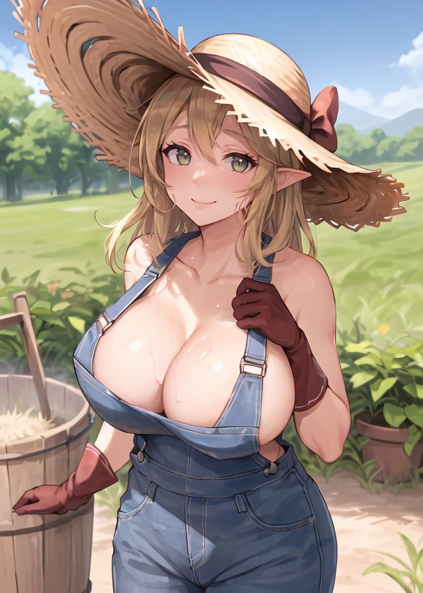 1girls ai_generated blonde_hair breasts cleavage elf elf_ears elf_female farm farmgirl female green_eyes hat hips huge_breasts large_hat light-skinned_female light_skin long_hair original original_character outdoors overalls stable_diffusion straw_hat stuffyai thick_thighs thighs wide_hips