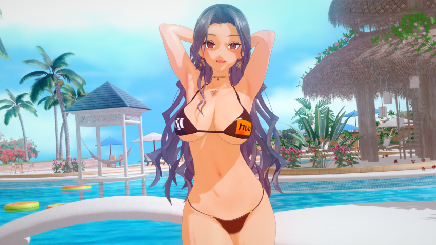 1girls 3d 3d_(artwork) armpits bare_armpits bare_midriff belly_button big_breasts bikini black_bikini black_hair bracelet earrings exposed_armpits exposed_torso hi_res highres koikatsu large_breasts latina looking_at_viewer midriff mole mole_on_breast mole_under_eye navel necklace nijihub nijisanji nijisanji_en red_eyes scarle_yonaguni solo solo_female solo_focus swimsuit swimwear virtual_youtuber