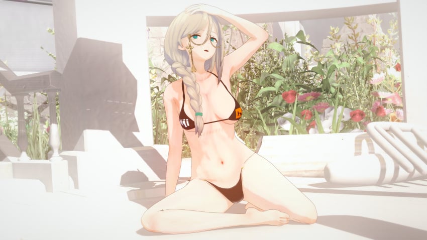 1girls 3d 3d_(artwork) aia_amare armpit bare_midriff belly_button big_breasts bikini black_bikini blue_eyes braided_hair braided_ponytail exposed_torso glasses hair_ornament hand_on_head hi_res highres koikatsu midriff navel nijihub nijisanji nijisanji_en posing solo solo_female solo_focus swimsuit swimwear virtual_youtuber white_hair