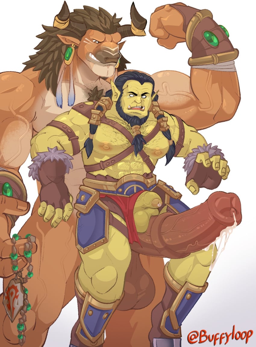 armor baine_bloodhoof ball_size_difference balls bara big_balls big_penis bovine_penis buffyloop cum cum_drip flaccid flexing furry gay hairy half-dressed hanging_balls horde horde_(warcraft) male male/male male_only muscular muscular_male nipples orc penis penis_between_legs penis_bigger_than_torso penis_size_difference penis_through_legs precum rubbing simple_background sitting_on_penis size_difference smirk surprised tauren thrall veiny_penis world_of_warcraft wow yaoi