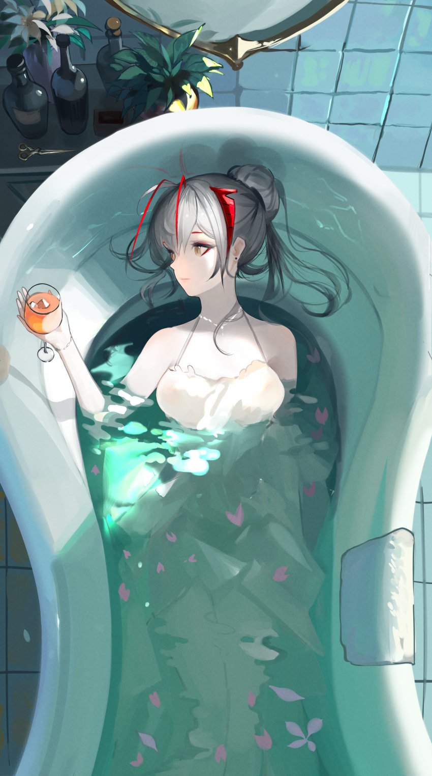 1girls arknights bare_shoulders bath bathing bathroom bathtub bracelet chest demon_girl dress earrings emotionless female female_only glass grey_hair highres holding_glass horns light-skinned_female looking_away lying_in_water nipples_visible_through_clothing nose petals ponchuunibyou solo tied_hair w_(arknights) white_hair wine_glass yellow_eyes