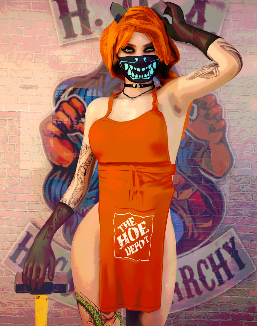 1girls 3d apron artist_request big_hips cat_ears choker girl gloves green_eyes home_depot mari_mckay mask naked_apron necklace nopixel red_hair risque sledgehammer tagme tattoos