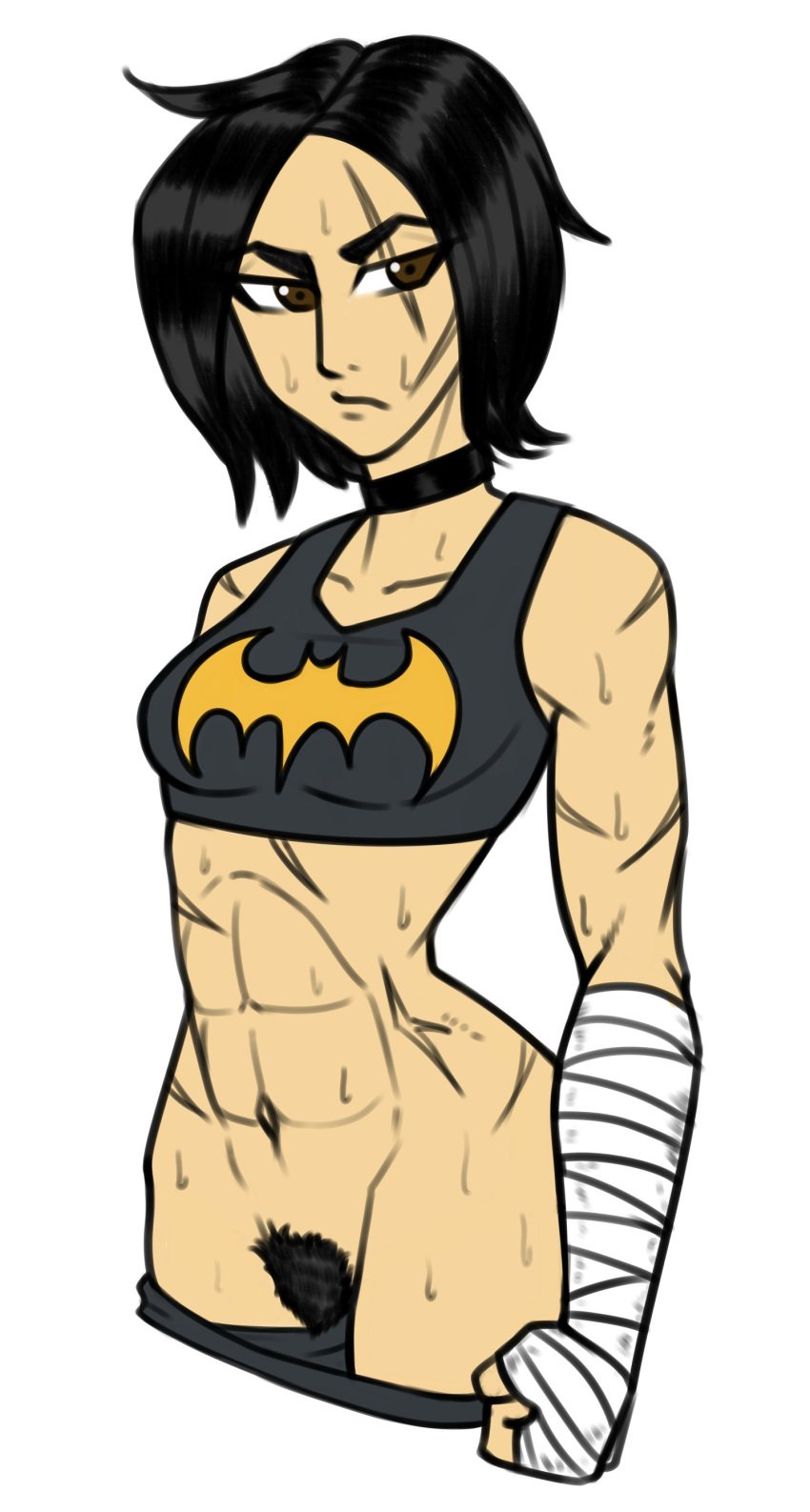 abs batgirl batgirl_(cassandra_cain) bottomless cassandra_cain choker dc dc_comics frank_draws muscular_female pubic_hair scar sweat