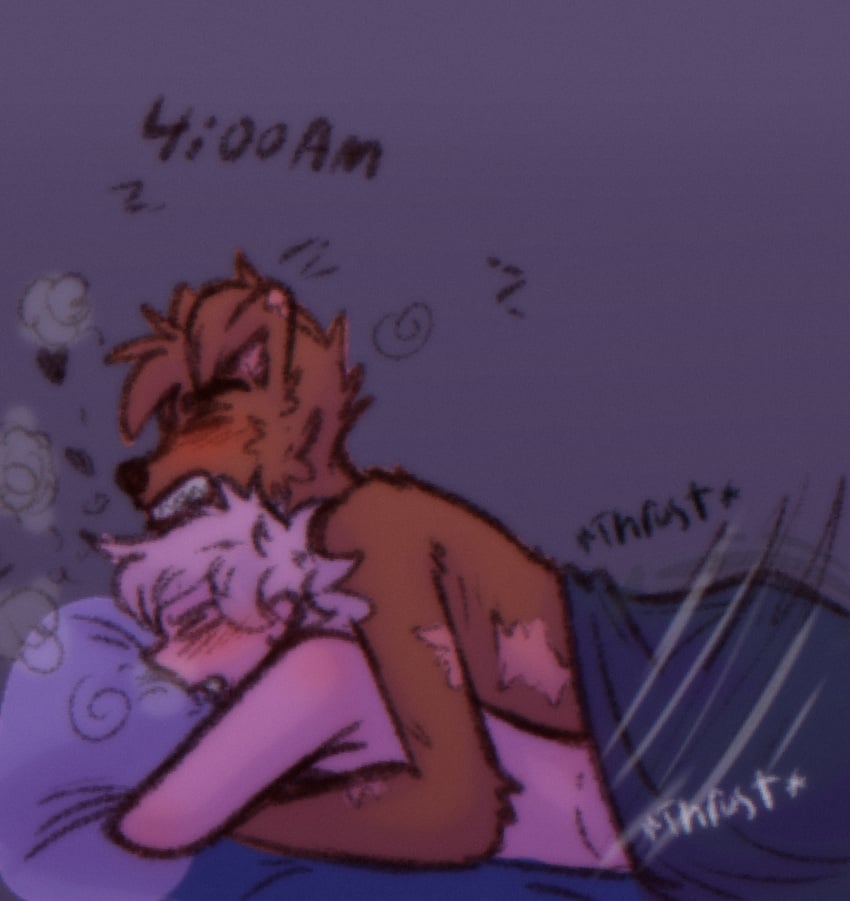 4am addison_(zoophobia) angry anthro breath_cloud clock desperation duo early_morning hi_res human humanoid jack_(zoophobia) late_night lust male male/male mammal sex sleep_sex sleeping solarlewds speed_lines thrusting thrusting_sound_effect tired under_blanket zoophobia