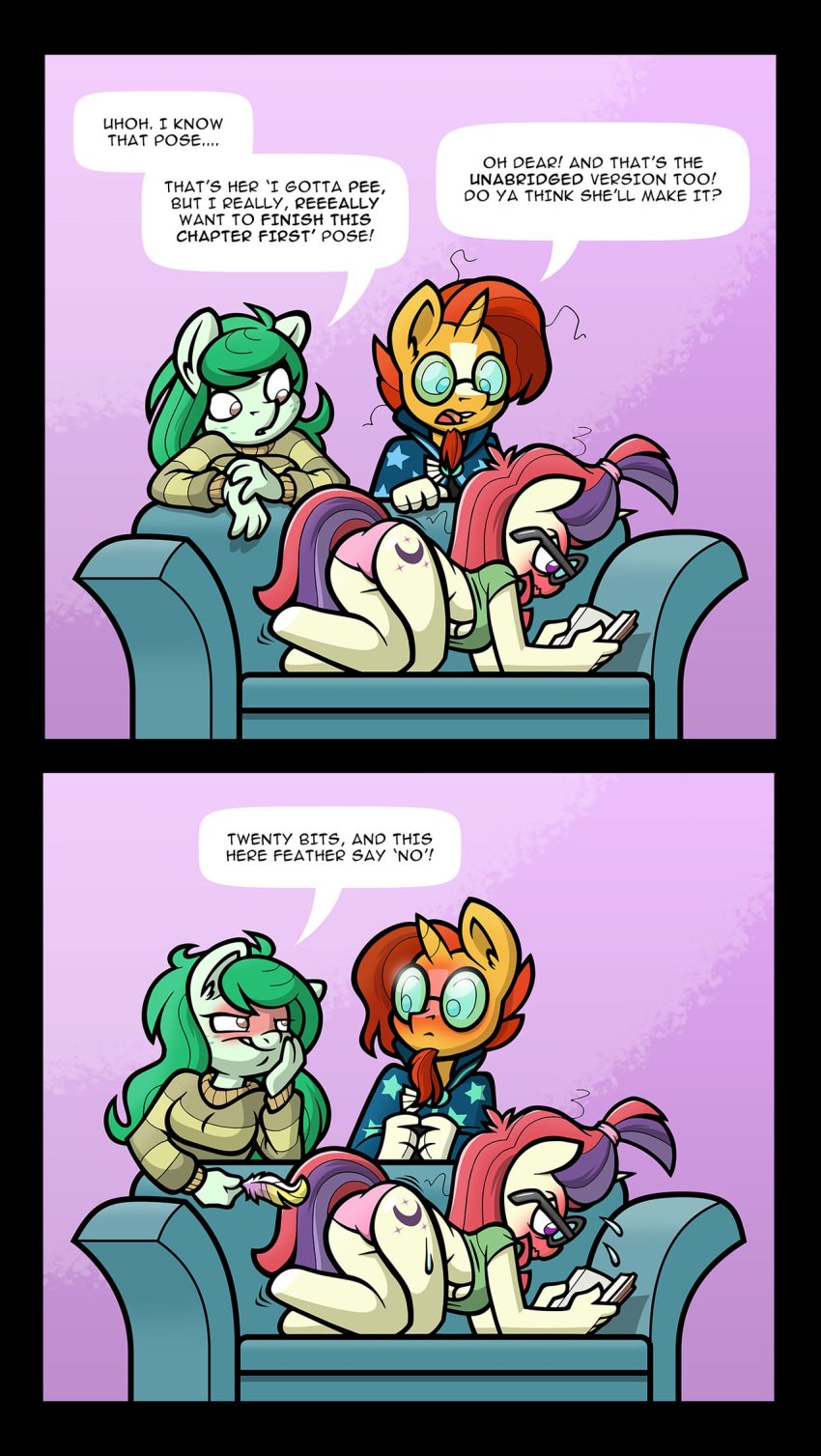 anthro anthro_only betting blushing blushing_profusely bookworm comic couch crossed_legs english_text equid equine feather_tickling feathers female friends friendship_is_magic full_face_blush furry group hasbro horn horse humanized imminent_tickling looking_at_another lying_on_couch male mammal moondancer_(mlp) my_little_pony need_to_pee nerd nerdy_female nerdy_male omorashi pee_desperation pink_panties pony prank reading round_glasses shirt_and_panties sunburst_(mlp) text tickle_fetish toonbat underboob unicorn wallflower_blush_(mlp)