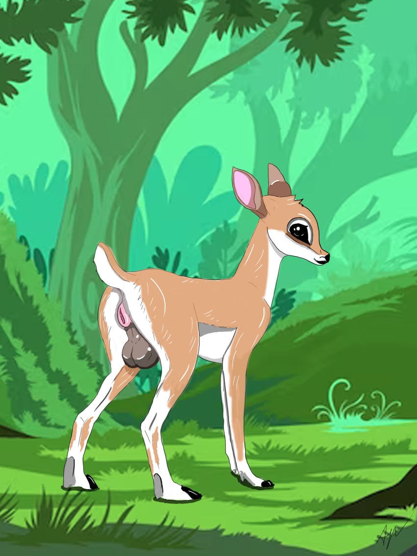 3:4 absurd_res anthro balls bambi bambi_(character) bambi_(film) deer disney female feral feral_only forest forest_background genitals hi_res male mammal nature nature_background plant smile solo tree what