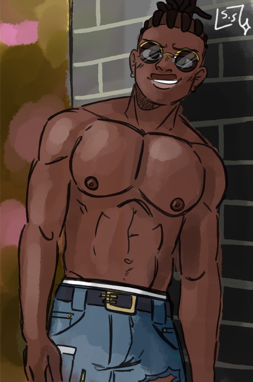 1boy abs belt black_hair brown_hair cornrows dark-skinned_male darrkstarr earrings fortnite gay glasses jeans leaning_on_wall male male_nipples male_only malik_(fortnite) nipples no_visible_genitalia non-nude pecs smirk underwear yaoi