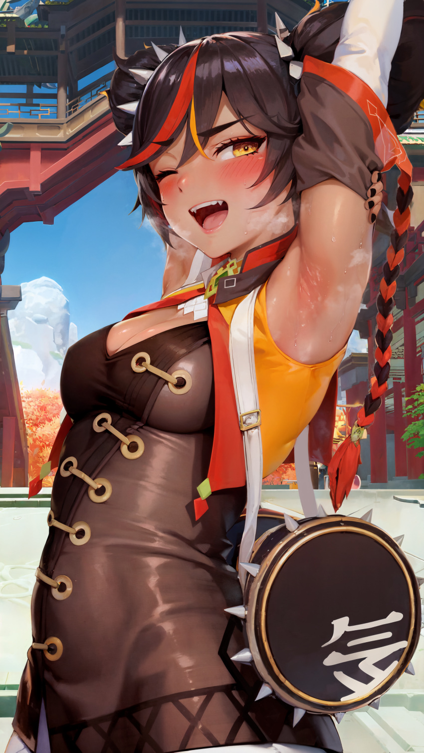 ;d ai_generated armpits arms_behind_head arms_up bangs black_hair black_nails blush braid breasts breath cleavage cleavage_cutout clothing_cutout cowboy_shot dark-skinned_female dark_skin day detached_sleeves fangs female genshin_impact hair_between_eyes hair_ornament heavy_breathing instrument looking_at_viewer medium_breasts multicolored_hair one_eye_closed open_mouth outdoors presenting_armpit red_eyeshadow red_hair short_twintails shorts sky smile solo spikes stable_diffusion steam steaming_body streaked_hair stretching sweat teeth tongue upper_teeth_only xinyan_(genshin_impact) xinyandegen yellow_eyes