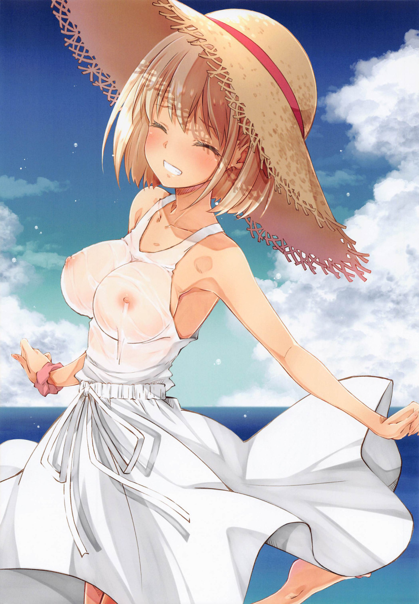 absurdres blonde_hair blush breasts closed_eyes collarbone dress female grin hat highres izumi_mahiru large_breasts lycoris_recoil nipples nishikigi_chisato no_bra non-web_source ocean outdoors see-through short_hair sky sleeveless smile solo straw_hat wet wet_clothes white_dress