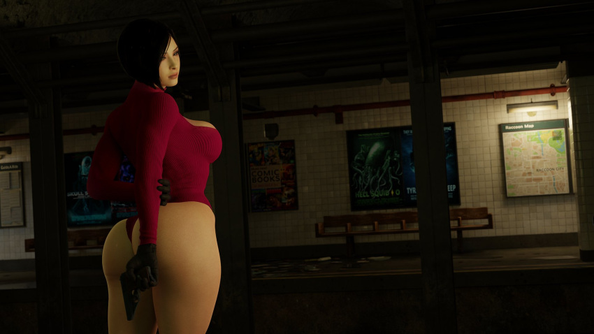 1girls 3d 3d_(artwork) ada_wong ada_wong_(adriana) asian big_ass big_butt bodysuit holding_weapon light-skinned_female looking_at_viewer looking_back mashekashe rear_view resident_evil resident_evil_4 short_hair thick_ass thick_thighs voluptuous