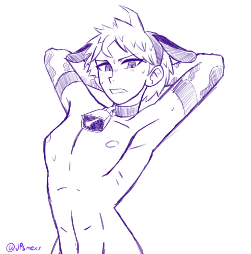 ahoge antenna_hair cow_bell cow_ears cow_gloves cow_headband cowboy_outfit danganronpa danganronpa_2:_goodbye_despair frowning hinata_hajime line_art male_only man_boobs short_hair solo spiky_hair straight_hair