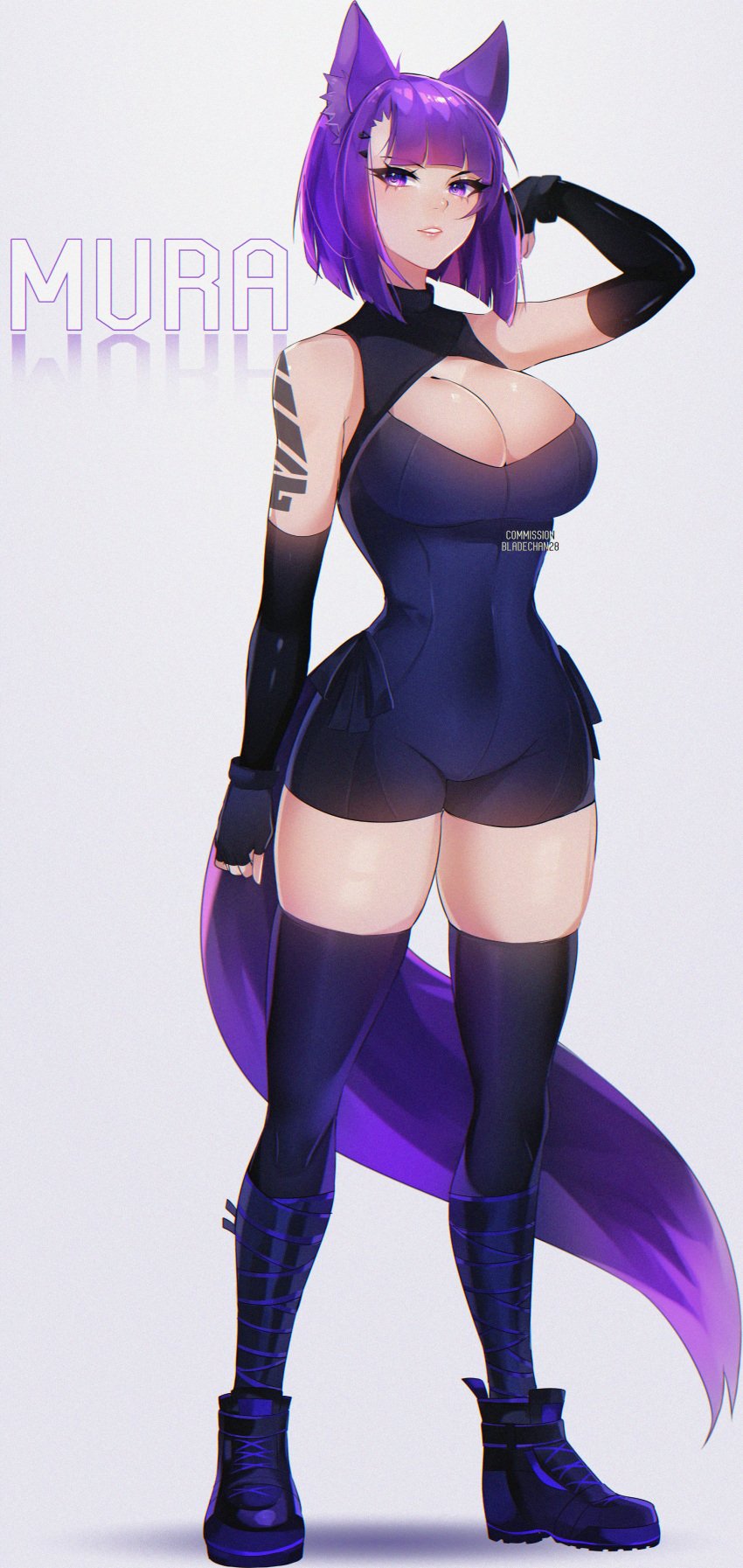 1girls animal_ears armpits bladechan28 blunt_bangs cleavage elbow_gloves female fingerless_gloves fox_ears fox_girl fox_tail gloves kitsune light-skinned_female light_skin mura_(woops) purple_eyes purple_hair tagme tattoo thighhighs woops