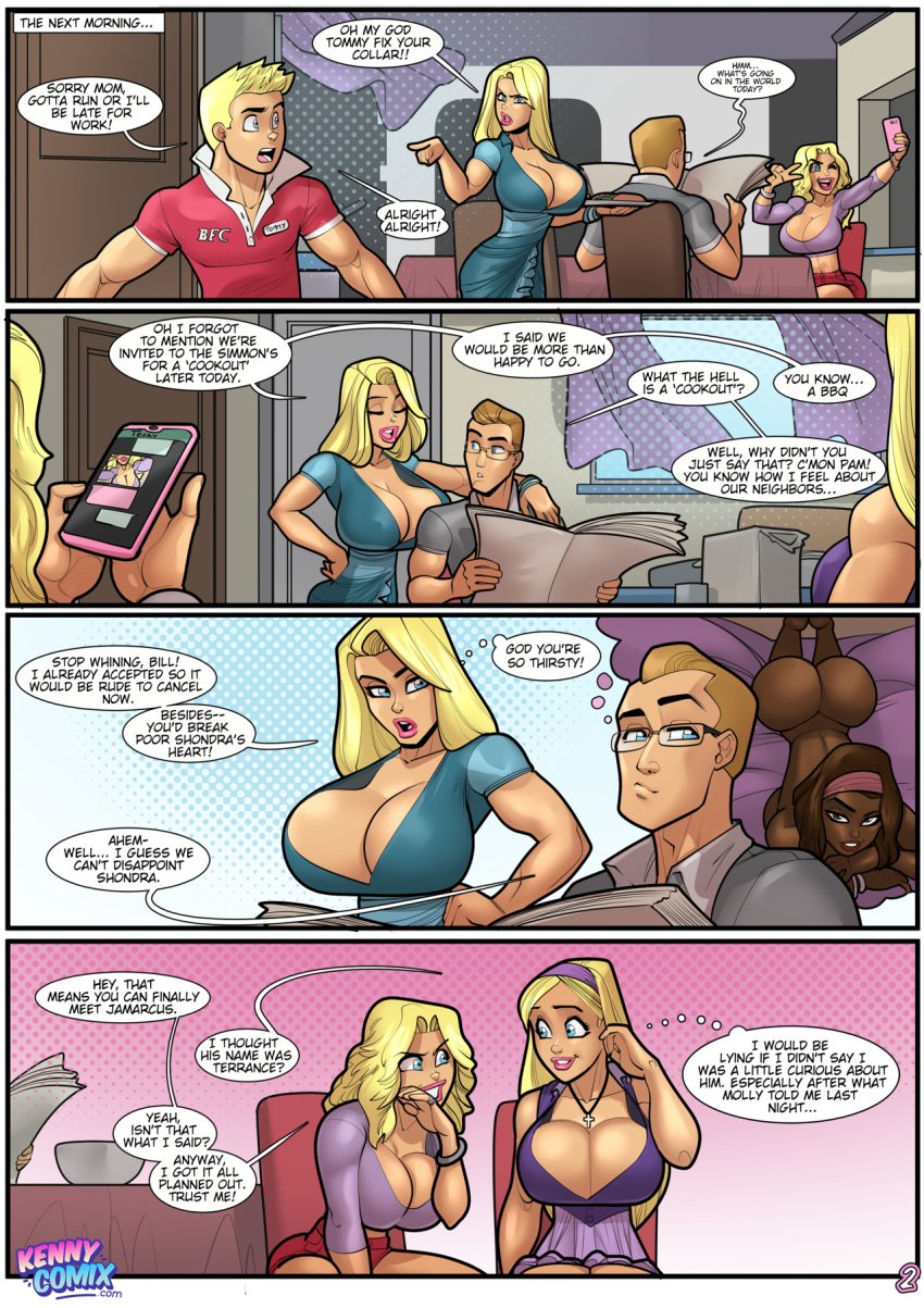 2023 2boys 3girls 4_panel_comic big_ass big_breasts big_butt bill_patterson bimbo blonde_female blonde_hair cleavage comic comic_page cross_necklace dark-skinned_female dialogue dress english_text hi_res high_resolution highres huge_breasts kennycomix large_ass large_breasts large_butt light-skinned_female light-skinned_male light_skin lindsay_patterson long_hair meet_the_neighbors meet_the_neighbors_(comic) molly_patterson page_2 page_number pam_patterson rabies-t-lagomorph round_ass round_butt shondra_simmons short_hair text thought_bubble tommy_patterson twitter