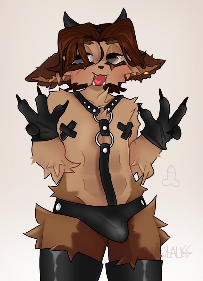 1boy 2d 2d_(artwork) animal_nose anthro arms bare_hips bare_shoulders bdsm_suit big_ears brown_body brown_fur bulge chain chest close-up color commission cross deer ears eyebrows eyes eyes_open face feet_out_of_frame fingers full_body fur furry furry_male furry_only gachi gachi_hoochi gloves hair hands head hips horns humanoid legs long_ear long_ears male male_focus male_only mammal mammal_humanoid man mouth mouth_open multicolored_body multicolored_fur muscles neck nikolasus nikolauss nikolaussuwulf nipples no_humans no_pants no_shirt nose open_eyes open_mouth panties pantsless partially_clothed penis pointy_ears pupils scars shirtless shirtless_(male) shirtless_anthro shirtless_male shoulders simple_background solo solo_focus solo_male standing stomach thighhighs thighs thong underwear