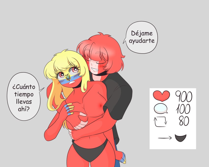 1boy 1girls blush countryhumans countryhumans_girl ecuador_(countryhumans) female grabbing_breasts gray_background heart hug huge_breasts male peru_(countryhumans) red_body red_nipples red_skin simple_background spanish_text strip_game text underwear yellow_hair