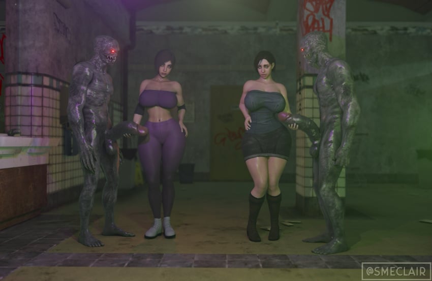 3d ada_wong ada_wong_(adriana) balls big_balls big_breasts big_penis black_hair brown_hair capcom claws clothed clothing detailed_background erection fangs female female_human female_human/male_monster genitals glowing_eyes grey_body group hair human humanoid imminent_sex jill_valentine jill_valentine_(julia_voth) light-skinned_female male male/female male_monster monster multiple_boys nude partially_clothed penis red_eyes regenerator resident_evil resident_evil_4 smeclair straight tubetop veiny_penis yoga_pants