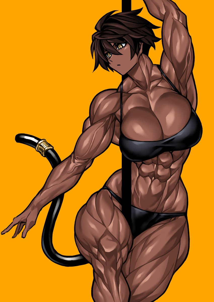 abs big_breasts cat_ears cat_tail catgirl cleavage curvy dark-skinned_female dark_skin huge_breasts looking_away mao_(yuto_noirm08) mature_female midriff muscular muscular_arms muscular_female muscular_thighs original original_character pole pole_dancing short_hair underwear yellow_eyes yuto_noirm08