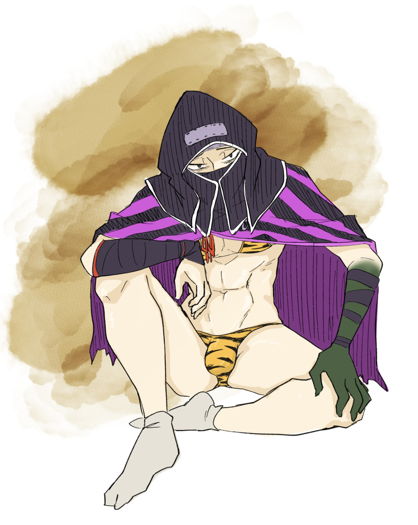 bikini bulge cape crossdressing fromsoftware full_body headgear headwear ichi_yorozu lone_shadow_ninja lone_shadow_vilehand looking_at_viewer male male_only mouth_mask ninja sekiro:_shadows_die_twice sitting solo tabi tiger_print tiger_print_bikini