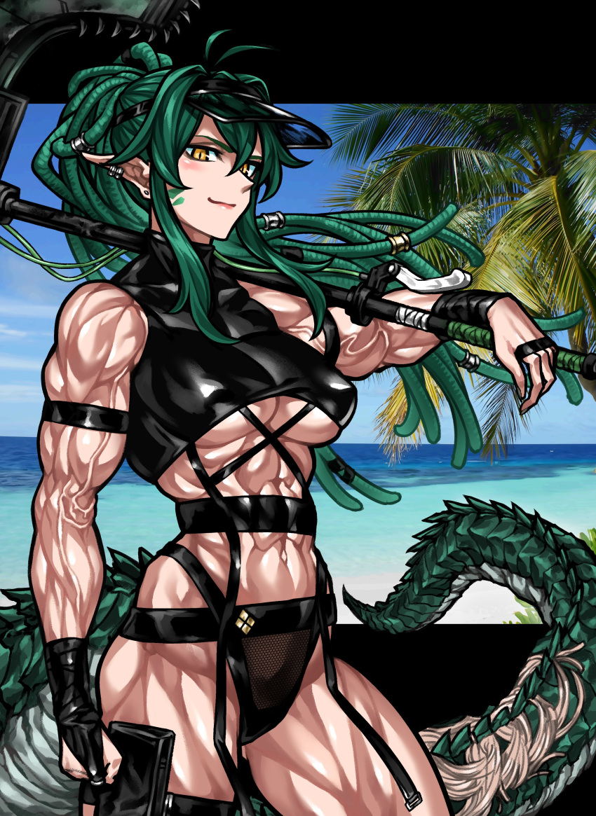 1girls abs arknights biceps big_breasts curvy dreadlocks gavial_(arknights) gavial_the_invincible_(arknights) green_hair light-skinned_female light_skin lizard_girl lizard_tail looking_at_viewer mature_female midriff muscular muscular_arms muscular_female muscular_thighs pale-skinned_female swimsuit thick_thighs underboob weapon weapon_over_shoulder yuto_noirm08