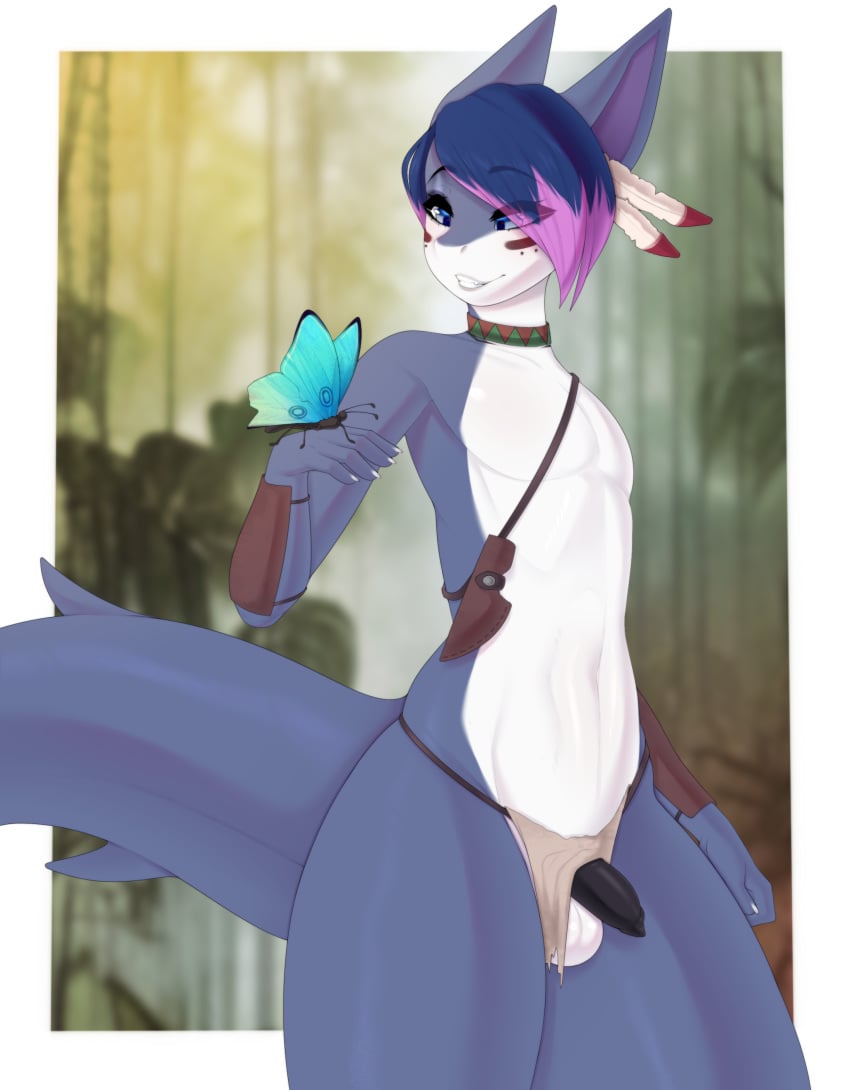 absurd_res anthro arthropod balls blue_body blue_eyes blue_hair butterfly collar drehi_vahnel fish genitals girly hair hi_res insects lepidopteran male marine penis shark shudayuda smile solo tribal