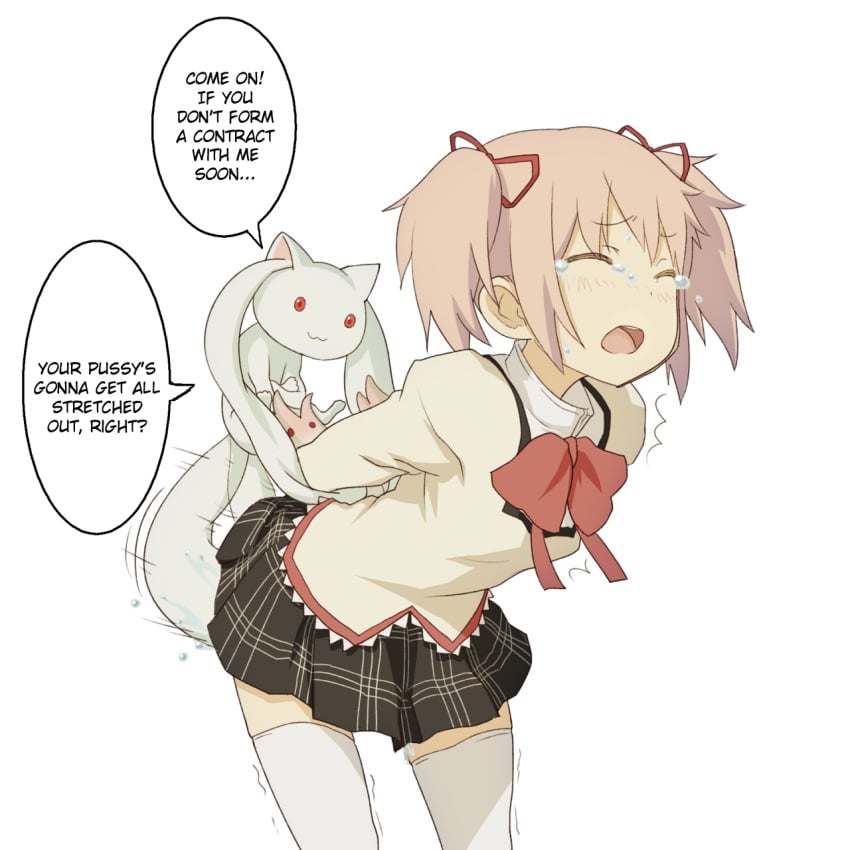 clothed_sex crossed_arms female hard_translated highres human kyoudyu kyuubee madoka_kaname mahou_shoujo_madoka_magica rape school_uniform sex simple_background tear thighhighs translated trembling