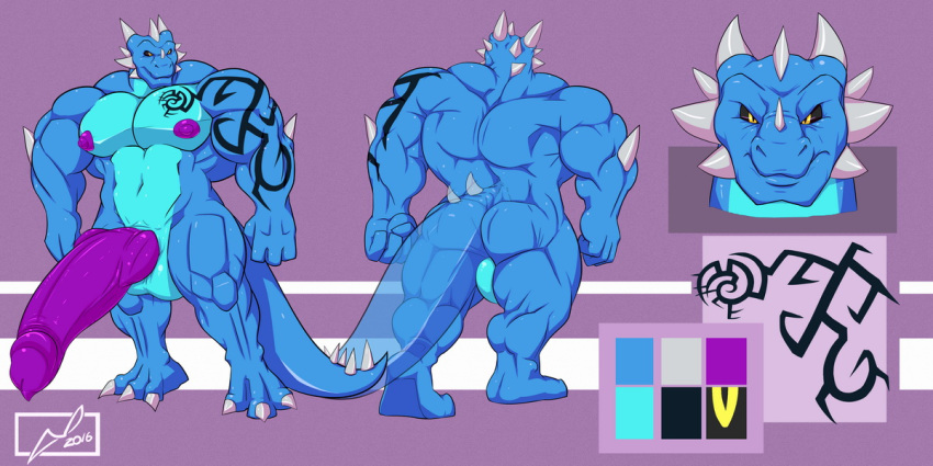 2016 3_toes 4_fingers anthro ass backsack balls biceps big_balls big_biceps big_tail blue_balls blue_scales claws color_swatch colored cyan_scales danandnite dragon erection fist front_view frown glare grey_claws grey_horn horn huge_balls huge_muscles hyper hyper_balls hyper_penis light looking_at_viewer male manly model_sheet multicolored_scales muscular muscular_male navel nipples nude pecs penis plantigrade purple_background purple_nipples purple_penis quads rear_view scales scalie serratus shaded signature simple_background snout solo standing tattoo thick_penis toes two_tone_scales western_dragon yellow_eyes