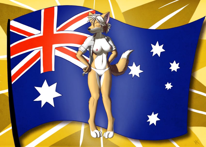 australian_flag breasts cameltoe canine closed_eyes female fox fur furry_ears furry_tail panties skimpy solo standing tail topless underwear union_jack volkcreed