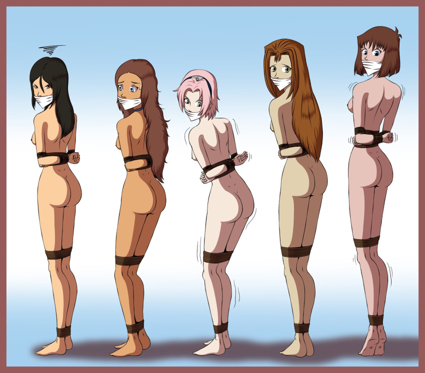 5girls angry arms_behind_back ass avatar_the_last_airbender azula barefoot black_hair bondage bound bound_ankles bound_arms bound_legs bound_wrists breasts brown_hair captured cloth_gag crossover dark-skinned_female dark_skin female female_only femsub gag gagged haruno_sakura human katara kawai_shizuka lineup long_hair looking_at_viewer looking_back mazaki_anzu multiple_females multiple_girls multiple_subs naked naruto nipples nude pink_hair rear_view restrained rope rope_bondage sakura_haruno serenity_wheeler slave small_breasts standing_on_tip_toes straight_hair tagme tea_gardner tied tied_up yu-gi-oh! zeo-nell