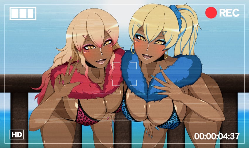 2girls akagi_(kantai_collection) bra ebonization female gyaru hair_color_change kaga_(kantai_collection) kantai_collection large_breasts race_swap