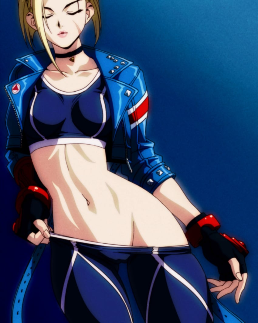 1girls adjusting_clothes blonde_hair breasts cammy_white capcom cheek_scar cket closed_eyes curvaceous curvy curvy_body curvy_female curvy_figure facial_scar female female_only gloves jacket leather_jacket lips navel no_panties pelvic_line scar slim_waist solo solo_focus sports_bra street_fighter street_fighter_6 teasing undressing