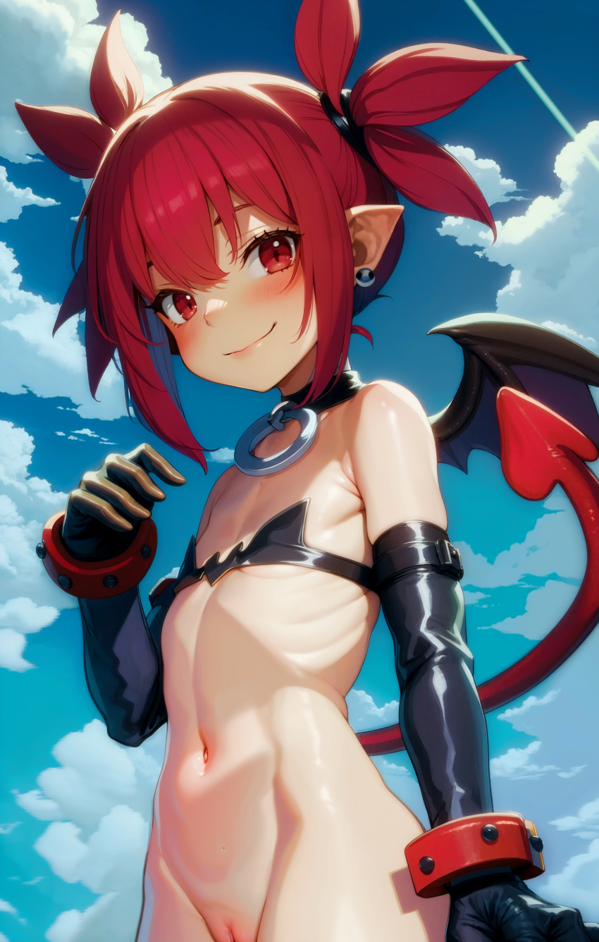 ai_generated bottomless choker demon_girl disgaea elbow_gloves etna female flat_chest o-ring partially_nude partially_visible_vulva red_eyes red_hair rockhardart stable_diffusion succubus tagme tail twintails wings young