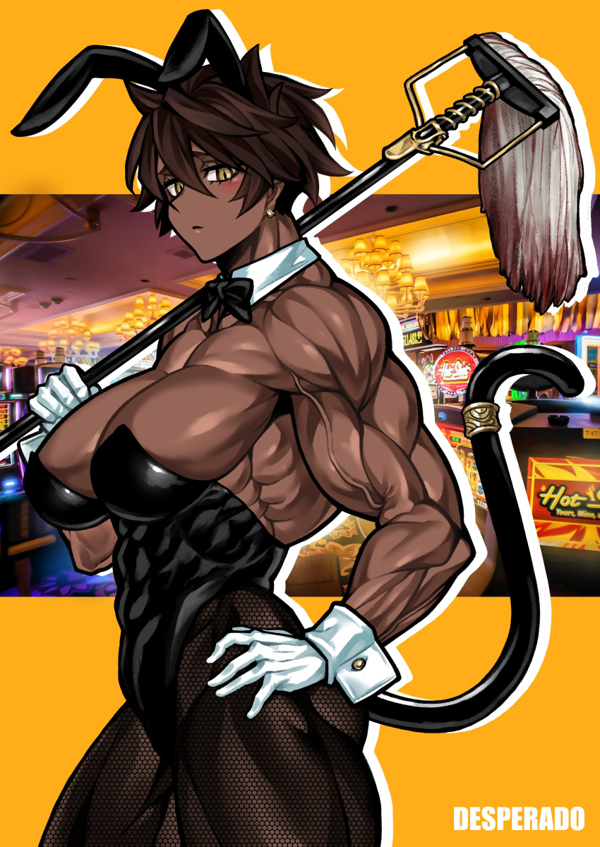 1girls abs animal_ears biceps big_breasts brown_hair bunny_ears bunny_girl bunnysuit cat_ears cat_tail catgirl dark-skinned_female dark_skin female female_only hand_on_hip leotard looking_at_viewer mao_(yuto_noirm08) mature_female muscular muscular_arms muscular_female original short_hair solo yellow_eyes yuto_noirm08