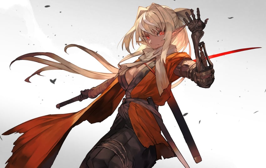 blonde_hair cleavage cosplay crossover elf female female_only fromsoftware fully_clothed hololive hololive_fantasy hololive_japan japanese_clothes katana lack long_hair looking_at_viewer medium_breasts ninja no_bra pointy_ears ponytail prosthetic_arm red_eyes scarf sekiro sekiro:_shadows_die_twice sekiro_(cosplay) shinobi shiranui_flare solo sword virtual_youtuber weapon