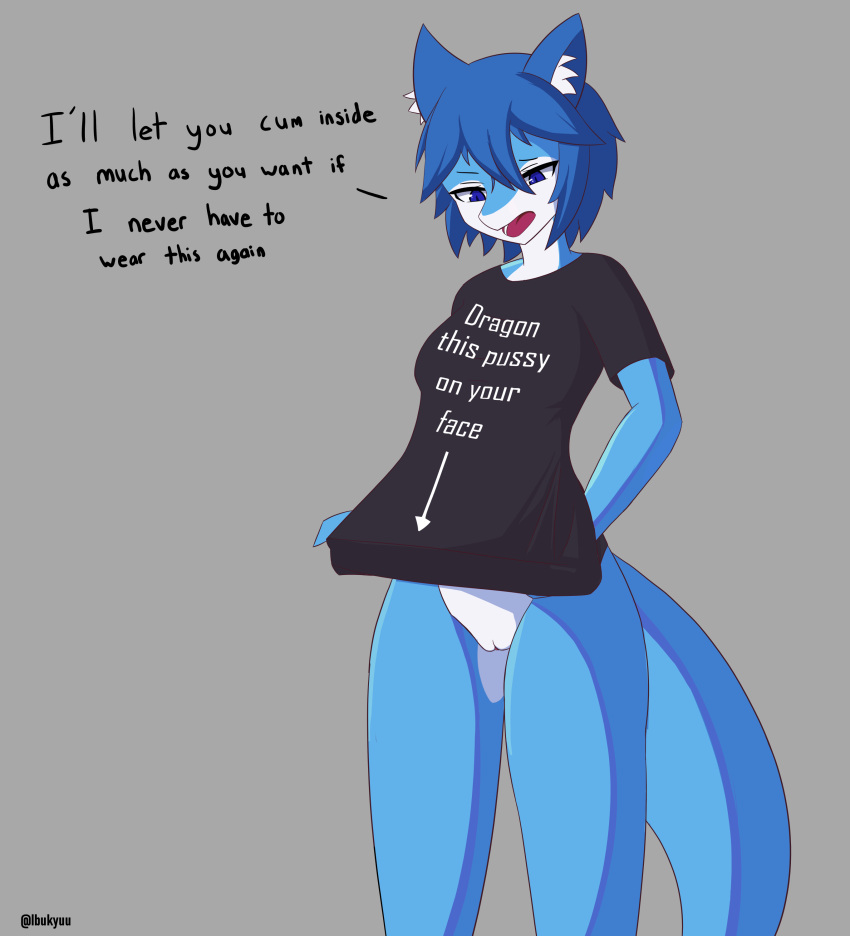 absurd_res anthro anus blue_body blue_eyes blue_hair bottomless clothed clothing dragon female genitals hair hi_res ibuki_(ibukyu) ibukyu inner_ear_fluff open_mouth pussy shirt simple_background solo standing t-shirt tail text text_on_clothing text_on_shirt text_on_topwear topwear tuft