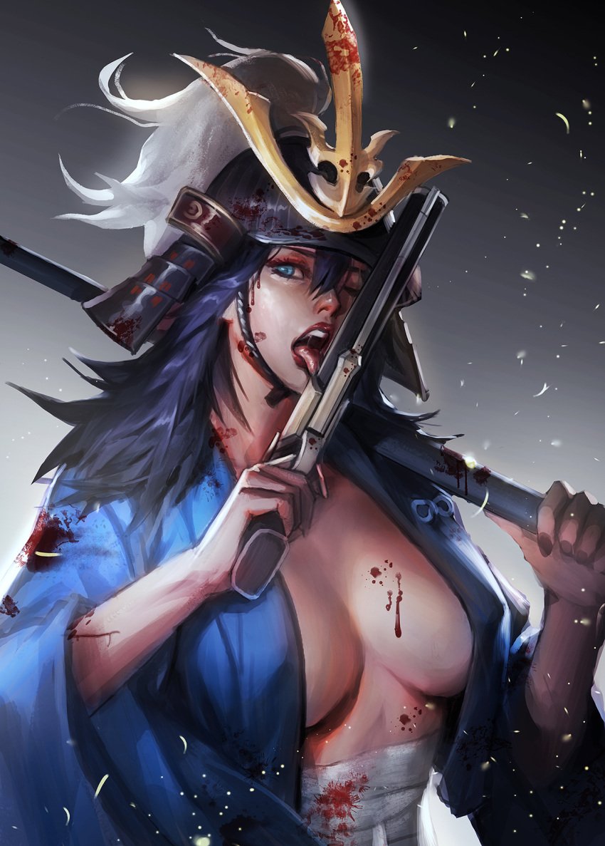 aged_down armor big_breasts black_hair blood cdash817 cleavage female female_only fromsoftware genderswap_(mtf) gun helmet inner_sideboob isshin_ashina japanese_clothes kabuto_(helmet) long_hair looking_at_viewer no_bra open_mouth painting_(artwork) rule_63 sarashi sekiro:_shadows_die_twice solo tongue_out upper_body weapon