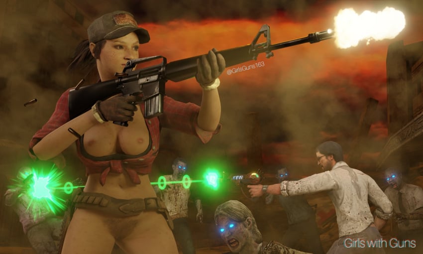 1girls 3d 5:3 6boys abigail_briarton blue_eyes breasts breasts_out brown_hair bush bushy_pubes call_of_duty call_of_duty_black_ops_2 call_of_duty_zombies casual casual_exposure casual_nudity female flannel flannel_shirt freckles girls_with_guns hat m16 male marlton_johnson misty_(cod-bops-2) multiple_boys nipples nudity ponytail ray_gun red_flannel red_shirt rifle zombie zombie_apocalypse