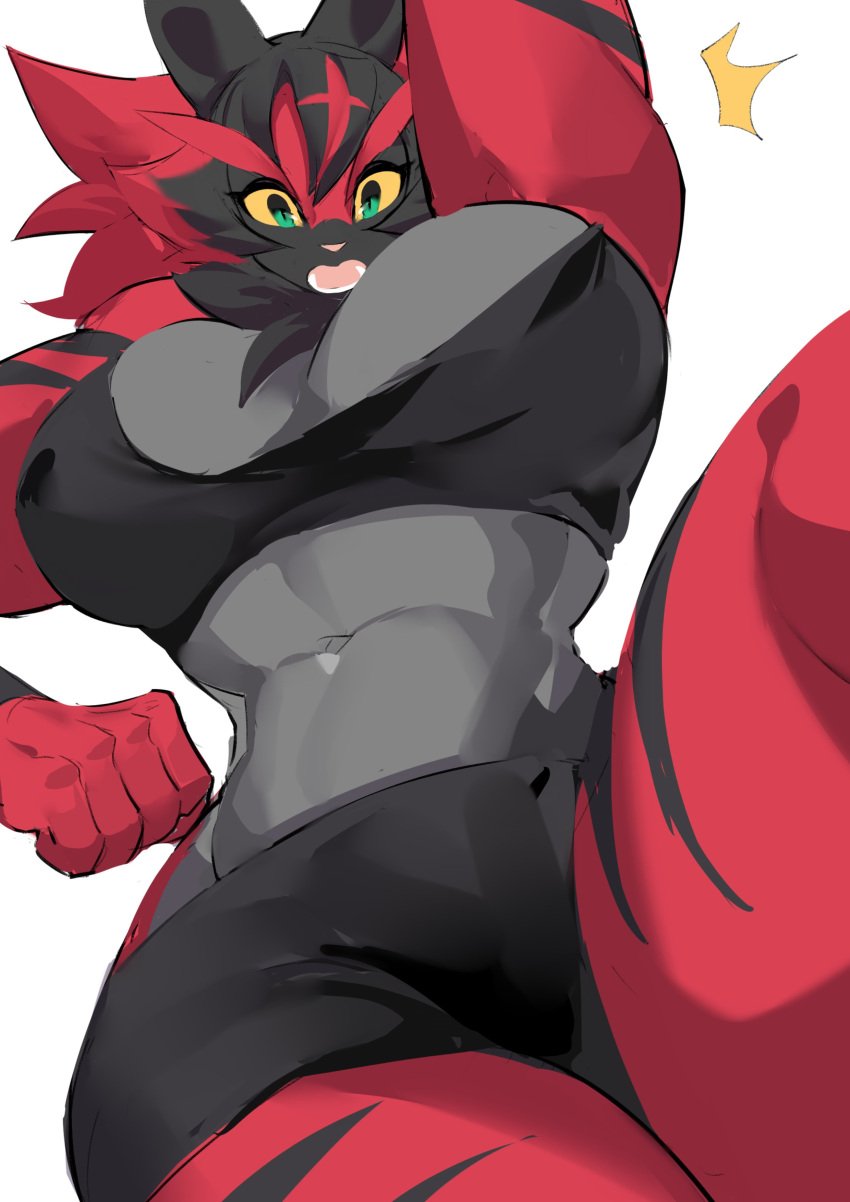 2023 abs anthro aspirindabaitu cleavage female_incineroar furry game_freak green_eyes gym_shorts huge_breasts incineroar looking_down_at_viewer mx99926 pokémon sports_bra thick_thighs tiger tiger_ears tiger_girl tiger_tail white_background