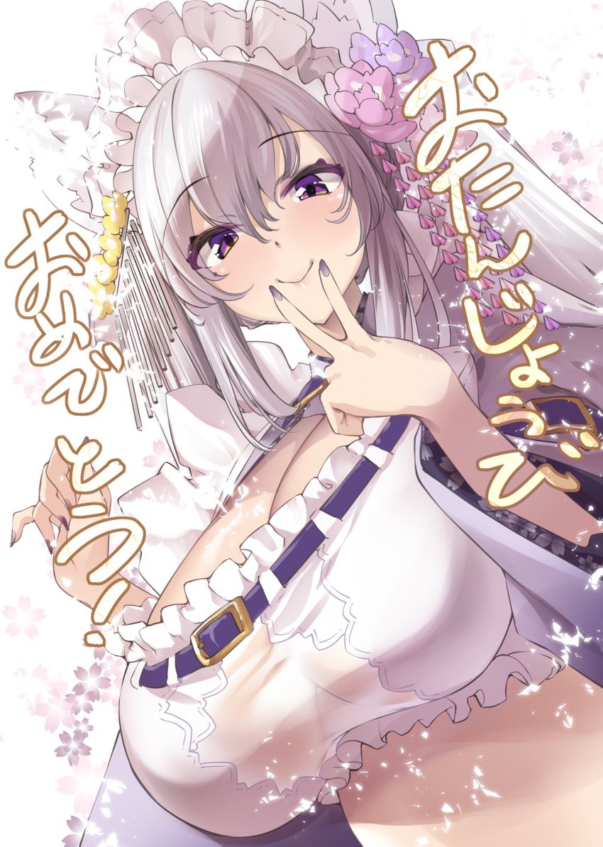 1girls animal_ears cleavage eyebrows_visible_through_hair female female_only grey_hair headdress huge_breasts indie_virtual_youtuber japanese_text kouya_no_naga_samurai light-skinned_female light_skin looking_at_viewer miyako_miyuri momoge911 purple_eyes purple_nails smile solo text virtual_youtuber wolf_ears wolf_girl