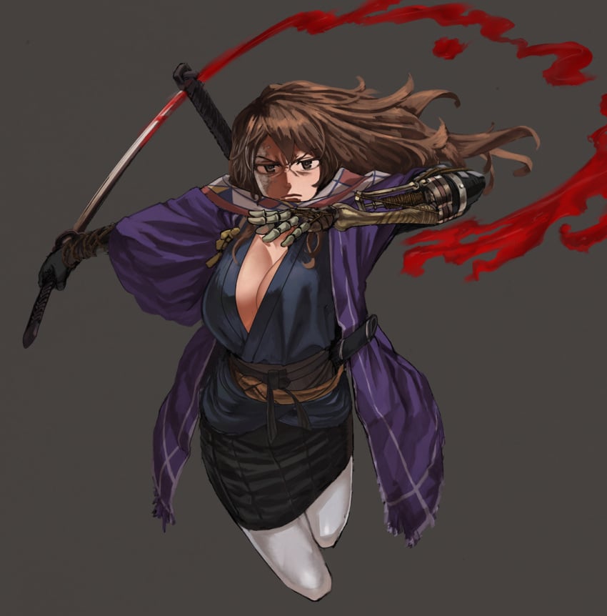 ashigara_(kantai_collection) big_breasts blood brown_eyes brown_hair cleavage cosplay crossover facial_scar female female_only fromsoftware haori japanese_clothes kantai_collection katana long_hair looking_at_viewer no_bra obi prosthetic_arm sakamoto_kengo sekiro sekiro:_shadows_die_twice sekiro_(cosplay) skirt solo sword weapon white_legwear