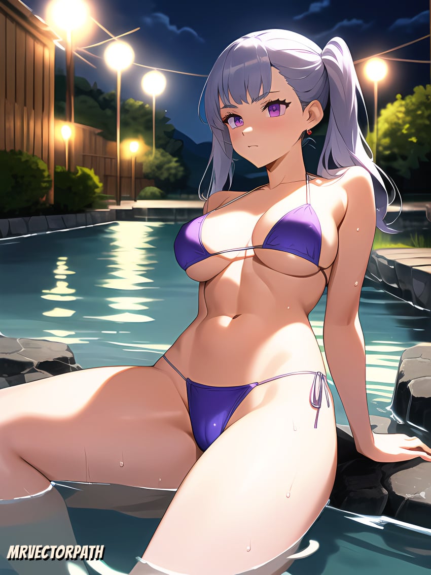 1girls ai_generated big_breasts bikini black_clover breasts cameltoe large_breasts looking_at_viewer micro_bikini mrvectorpath noelle_silva purple_eyes shiny_skin silver_hair sitting string_bikini thick_thighs thighs twintails wet