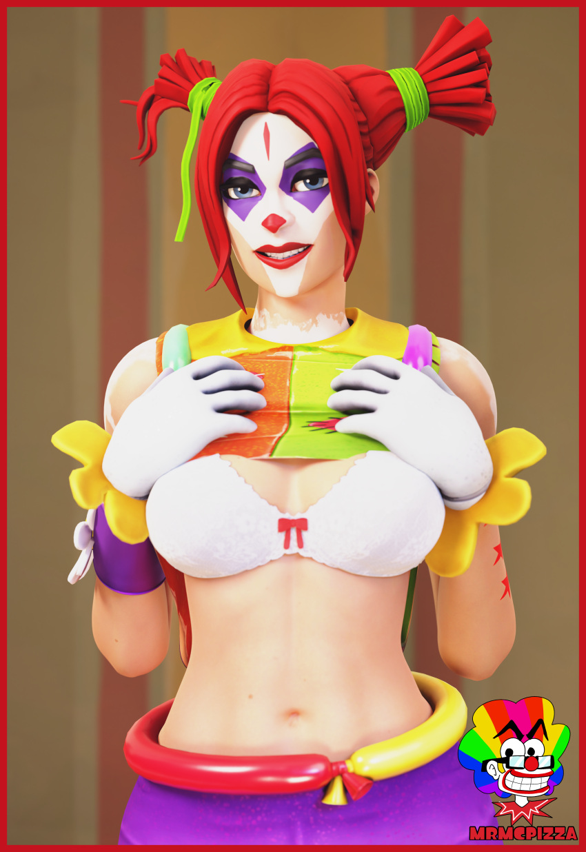 3d bra clown clown_girl clown_makeup clussy fortnite mrmcpizza peekaboo_(fortnite) red_hair shirt_lift smile