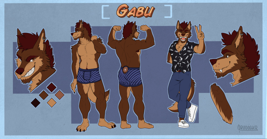 absurd_res anthro athletic athletic_anthro athletic_male canid canine canis druidogger gabu_(awoogabu) hi_res male mammal model_sheet red_wolf solo wolf