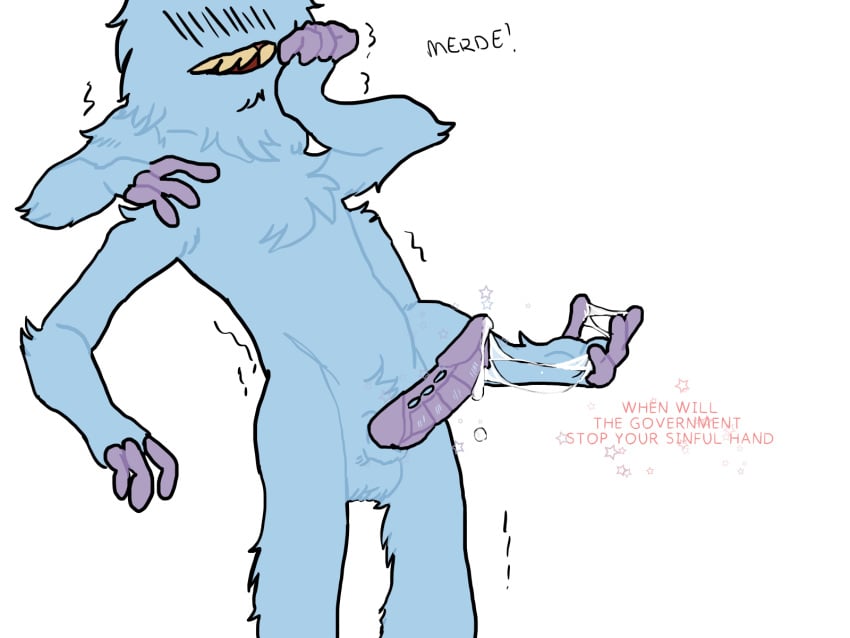 anthro big_blue_bubble blue_fur blushing bowgart ejaculation french_text male male_only monster multi_arm multi_limb multiple_languages my_singing_monsters quivering schlongchong shaking solo_male text white_background