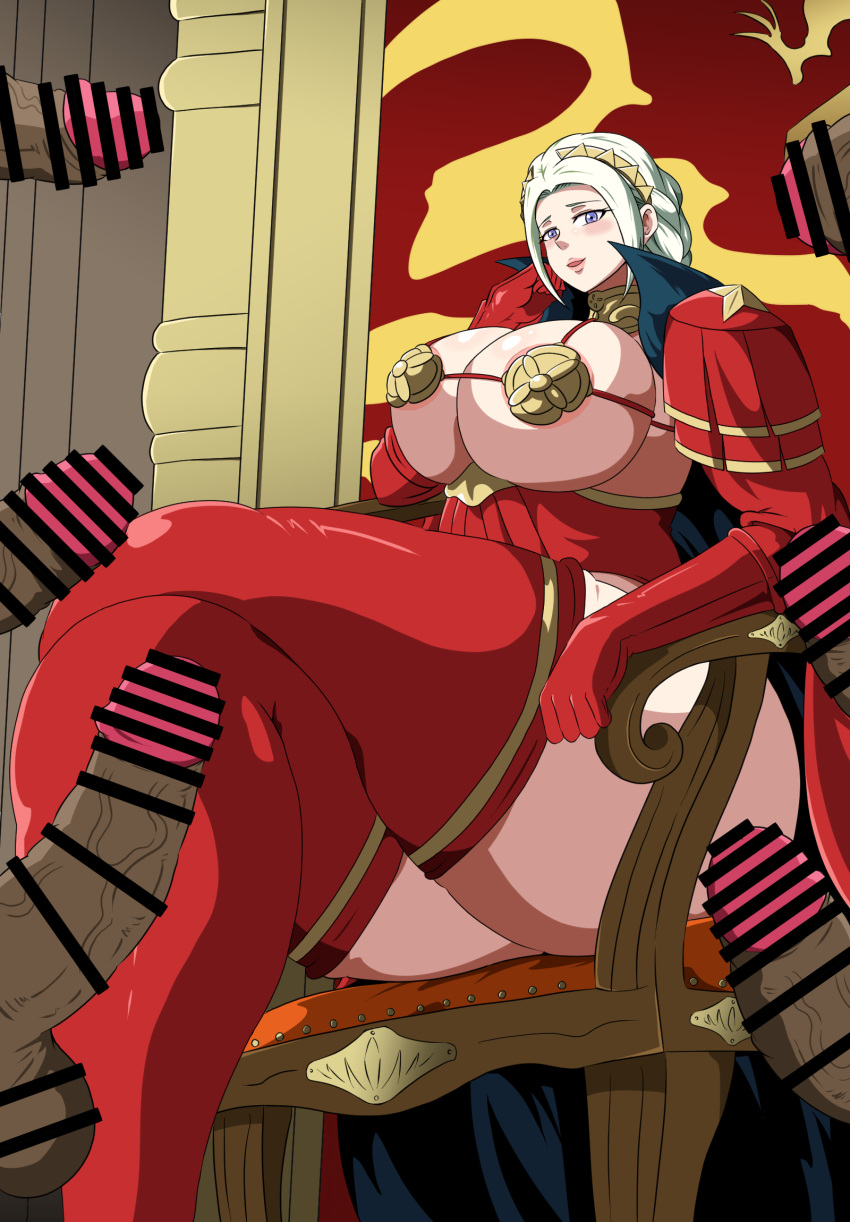 1girls alternate_hairstyle black_penis blush bra censor_bar censored edelgard_von_hresvelg female_focus fire_emblem fire_emblem:_three_houses fire_emblem_warriors:_three_hopes imminent_sex interracial multiple_penises nintendo official_alternate_hairstyle open_mouth ponytail purple_eyes sitting smile solo_focus stockings thick_thighs throne tonsuke voluptuous white_hair