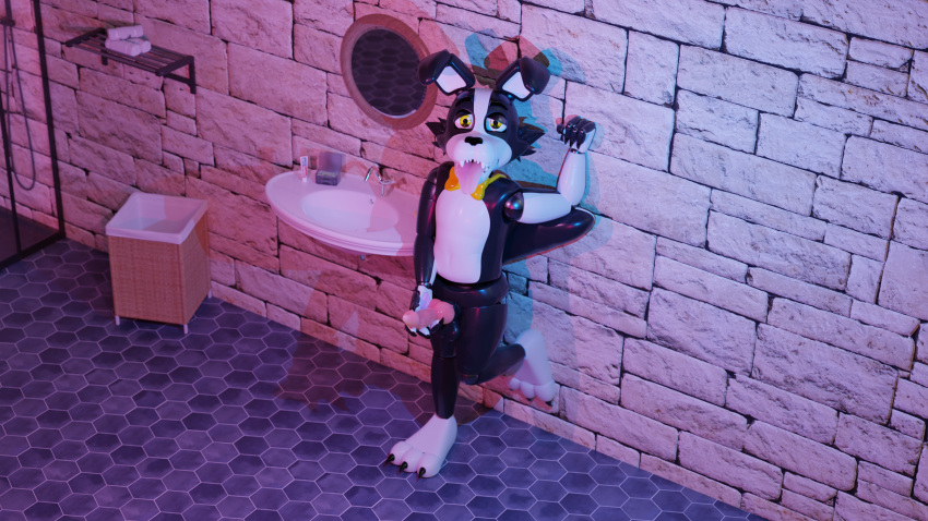 16:9 3d_(artwork) absurd_res against_surface against_wall ahe_gao animatronic anthro anthro_only bathroom bisexual_lighting blender_(software) blender_cycles border_collie bow_tie canid canine canis collie digital_media_(artwork) domestic_dog doug_(tnar) doug_the_dog_(tnar) erection genitals herding_dog hi_res huge_filesize jizzyfox looking_pleasured machine male mammal mark6o9 nude pastoral_dog penis penis_grab robot sheepdog solo those_nights_at_rachel's widescreen