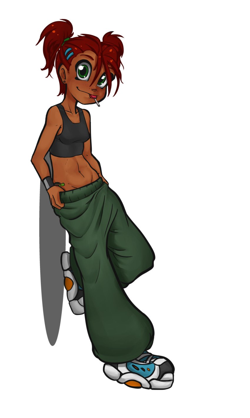 1girls baggy_clothing belly_button bottomwear breasts candy clothed clothed_female clothes clothing crop_top dark-skinned_female dark_skin female female_only food footwear freckles freckles_on_face front_view fully_clothed green_eyes hair hairclip hands_on_hips human human_only leaning leaning_against_wall leaning_on_wall lollipop long_hair looking_at_viewer mal_(malberrybush) malberrybush malyna midriff navel original original_character pants peal_malyna pigtails plain_background pose posing red_hair shirt shoes simple_background small_breasts smile smiling smiling_at_viewer solo standing stomach tank_top twintails white_background